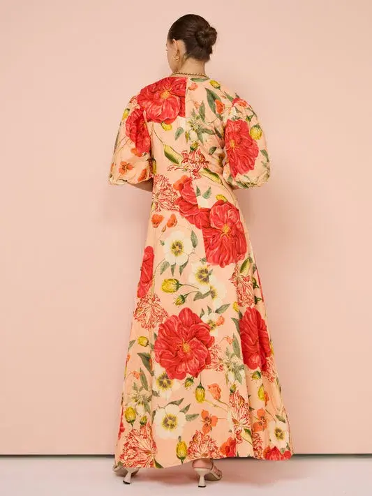 By Nicola Bolero Gathered Neckline Maxi Dress in Raspberry Punch Floral Size 8 for rent on The Volte - main image
