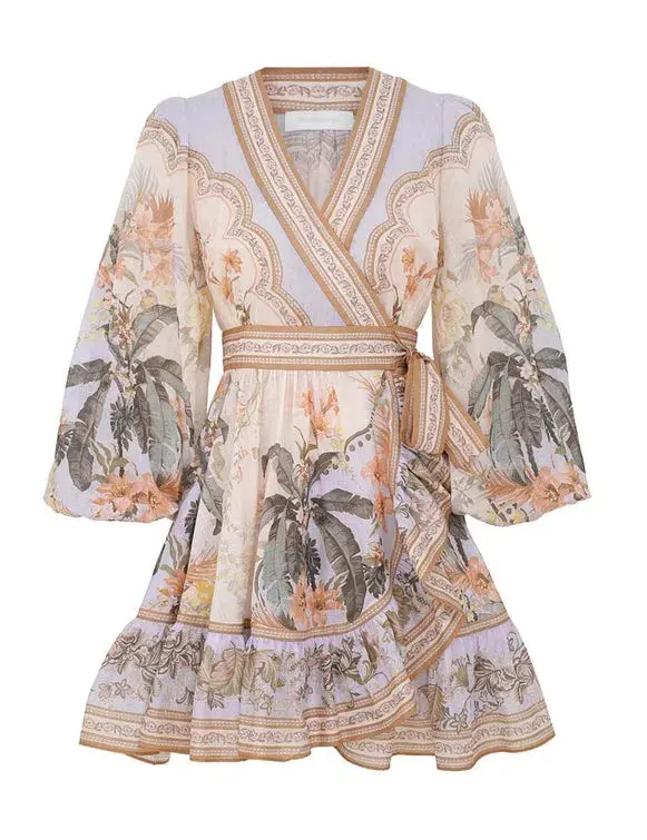Zimmermann Wylie Mini Wrap Frill Dress in Blue Floral Size 3 / AU 14 for rent on The Volte - main image