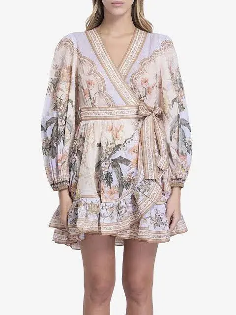 Zimmermann Wylie Mini Wrap Frill Dress in Blue Floral Size 3 / AU 14 - Image 2