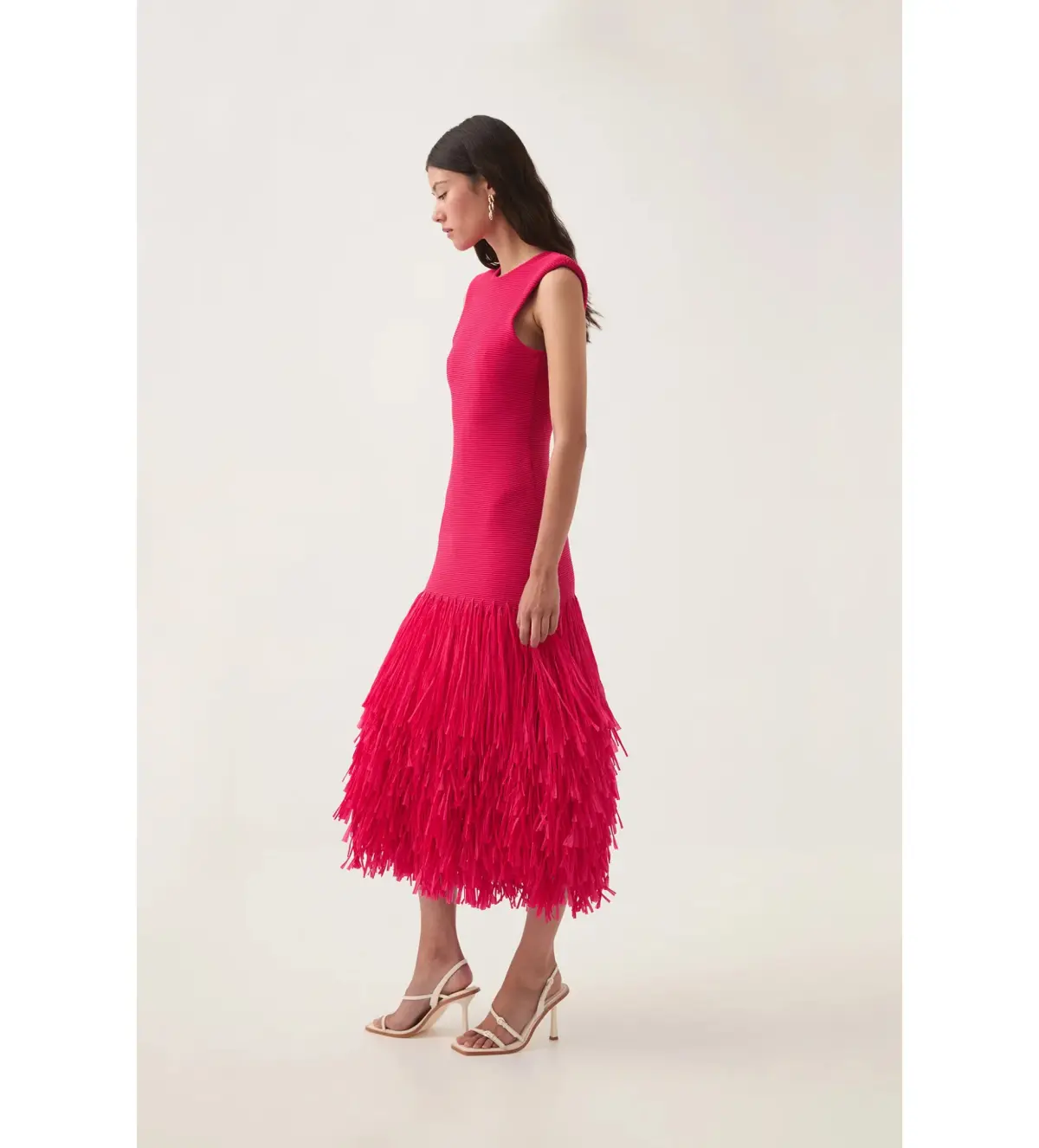 Aje Rushes Raffia Knit Midi Dress Deep Fuschia Size AU 12 - Image 2