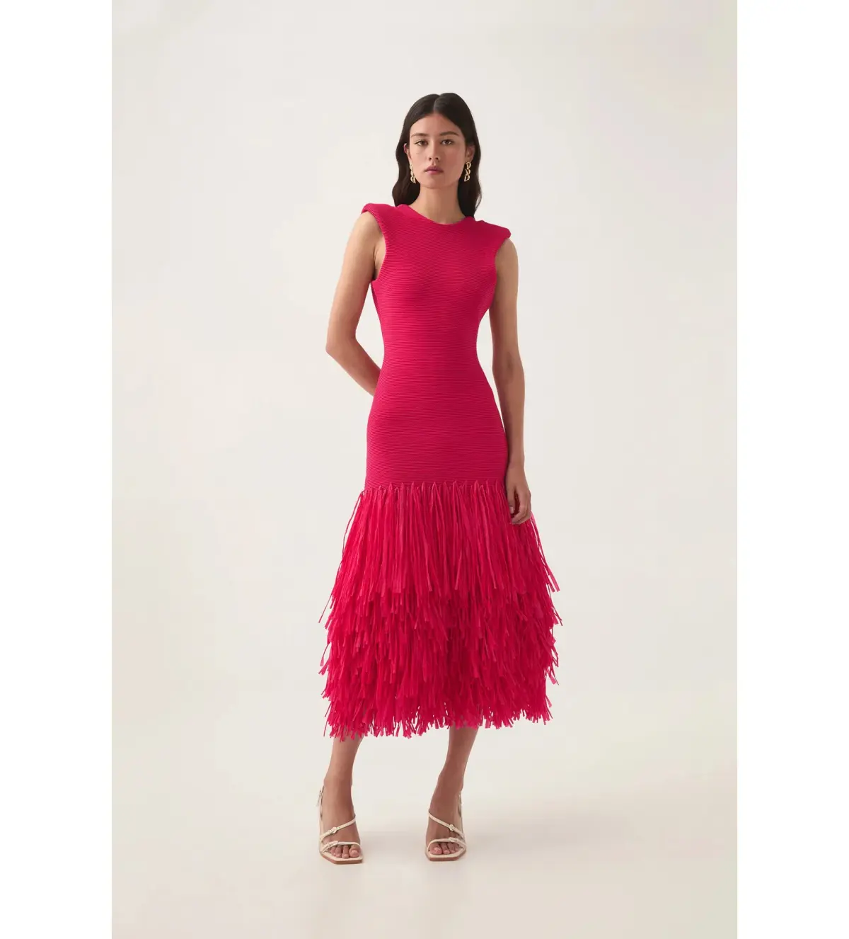Aje Rushes Raffia Knit Midi Dress Deep Fuschia Size AU 12 - Image 1