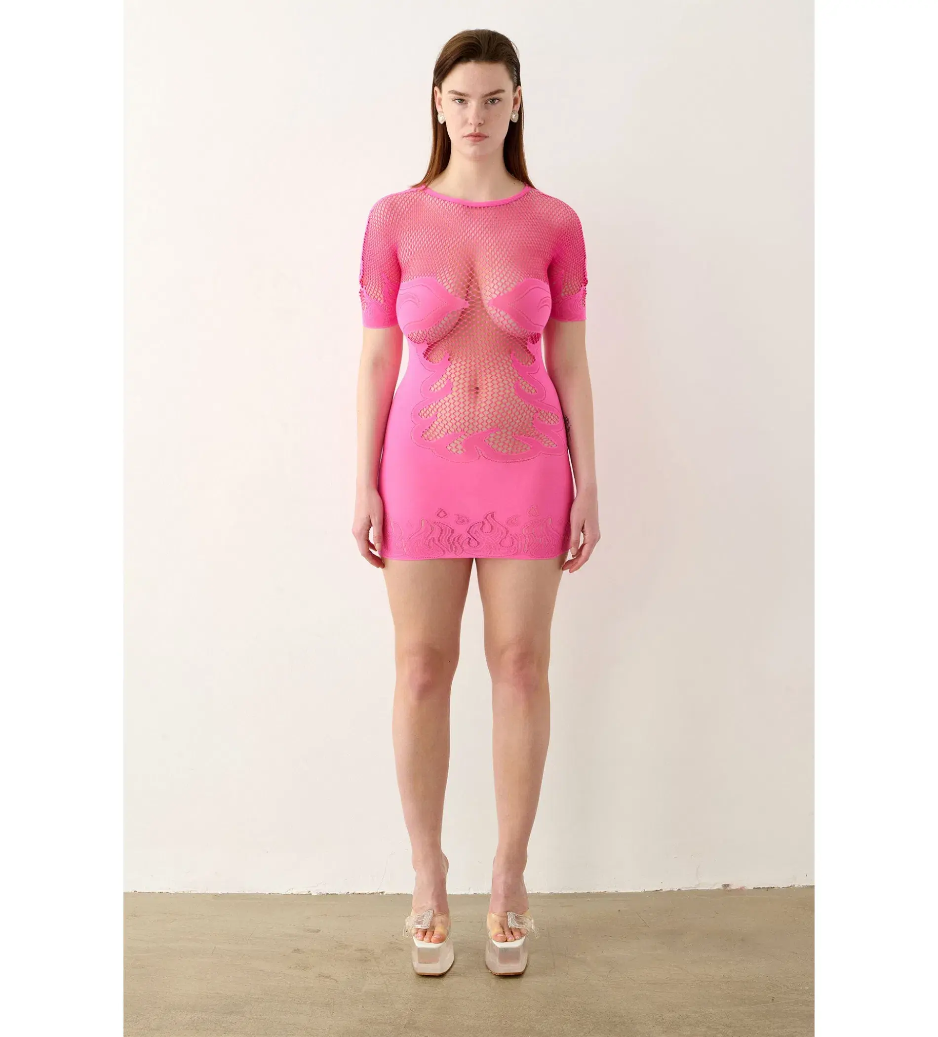 Poster Girl Pin Up Mesh Flame Sheer Short Sleeve Dress  Flamingo Pink Size Au 8 - Image 1