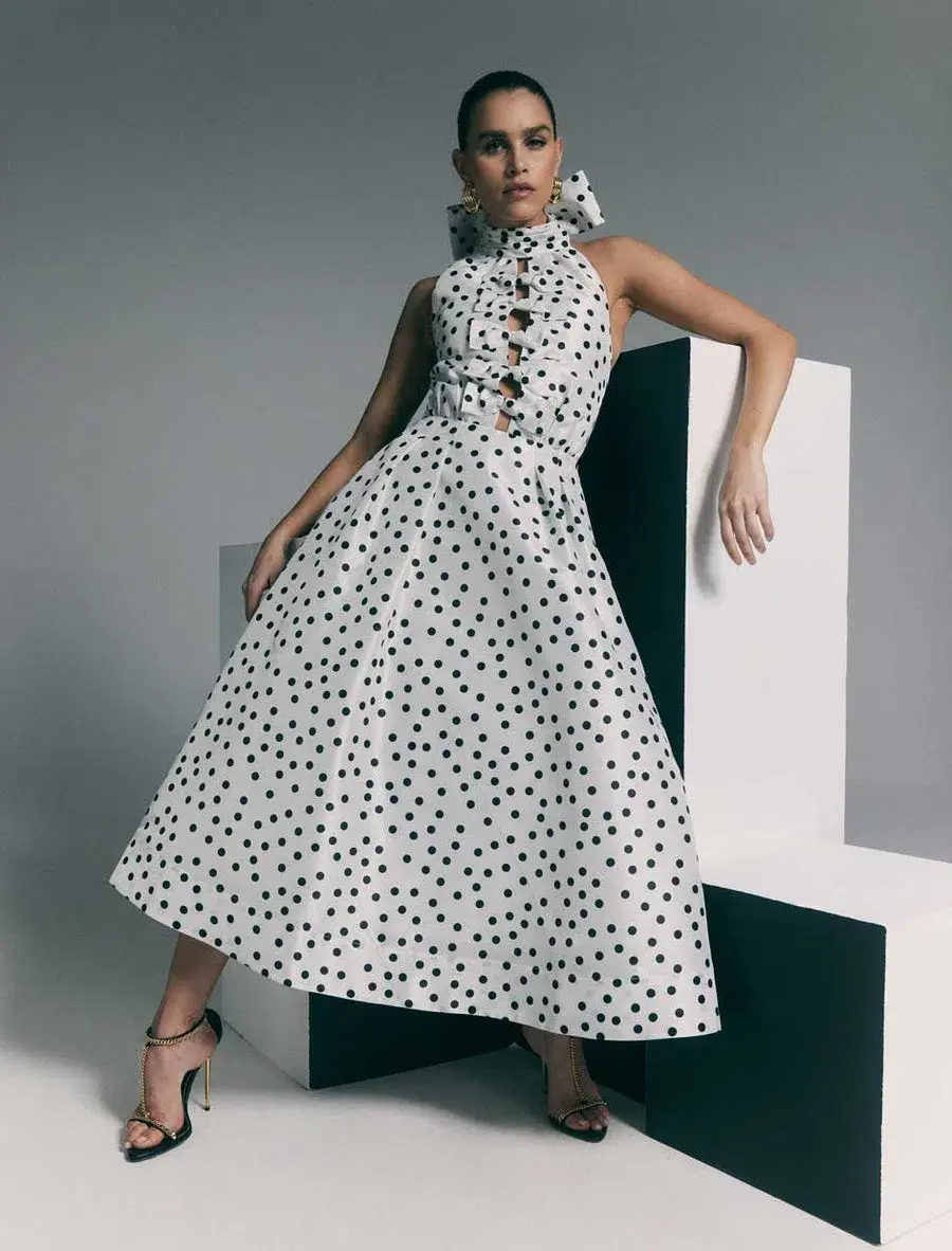 Rebecca Vallance Delia Halter Midi Dress Polka Dot Print Size 8 - Image 1