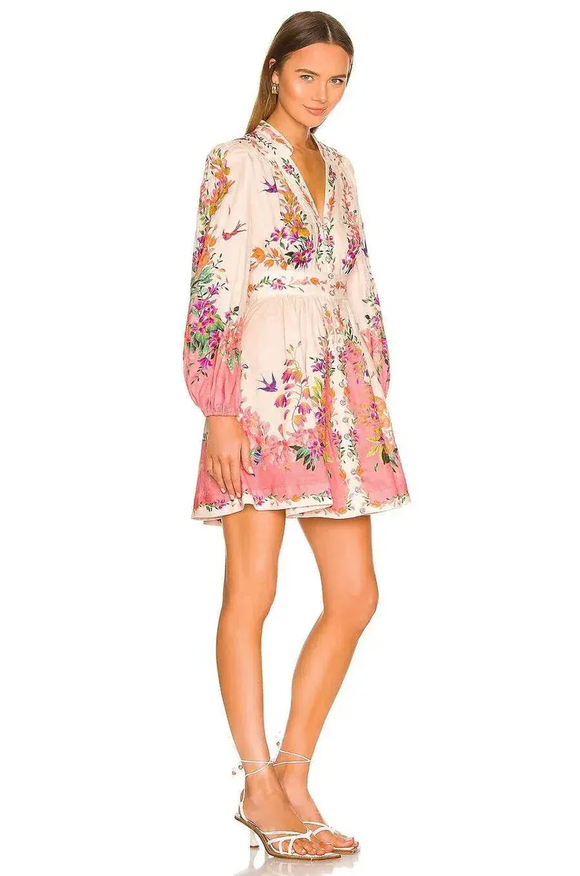 Zimmermann Tropicana Plunge Mini Dress Cream Floral Size 3 / AU 14 - Image 2