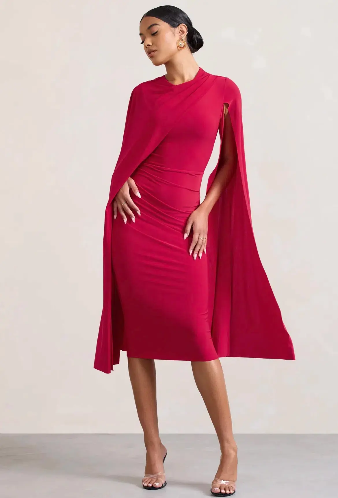 Club L London Marysol Asymmetric Cape Midi Dress Red Size 16 - Image 2