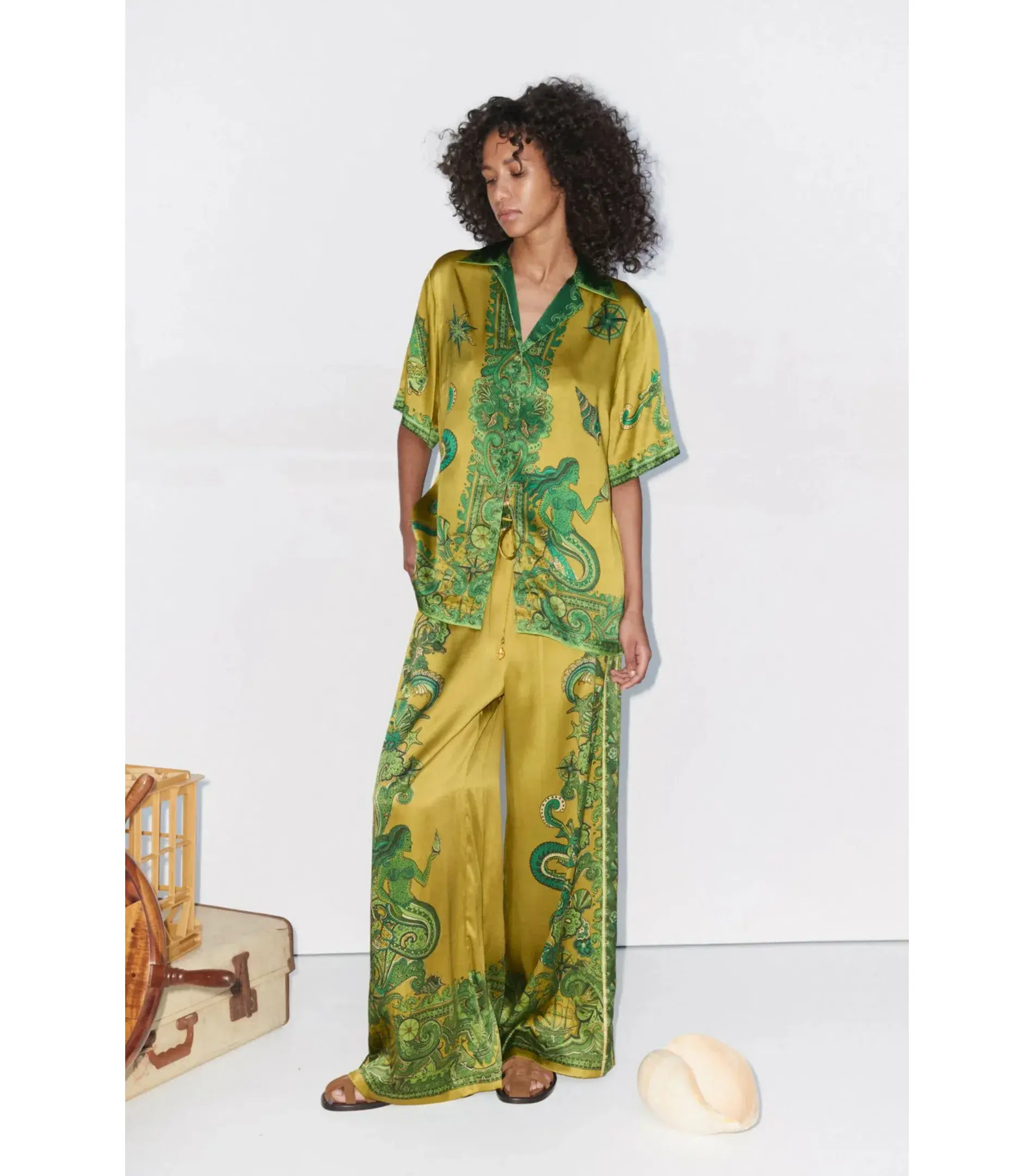 Alemais Solaris Silk Shirt and Pant Set Green Print Size AU 4 - Image 1