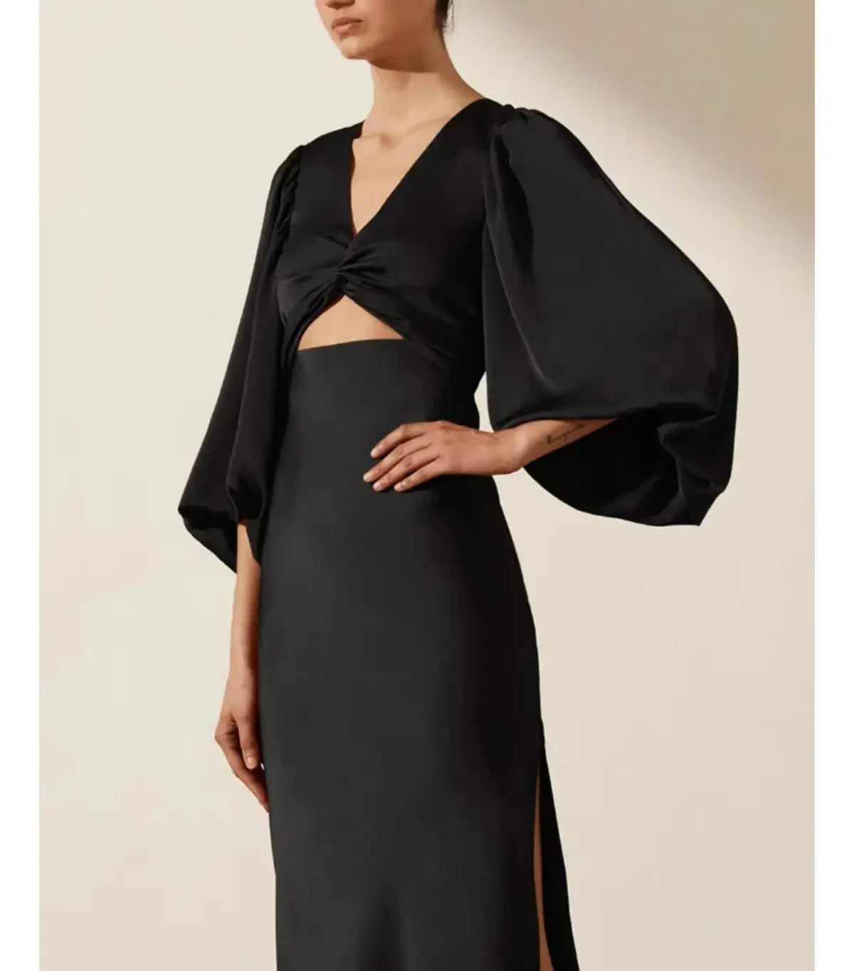 Shona Joy Luxe Twist Front Balloon Sleeve Midi Dress Black Onyx Size AU 18 - Image 4
