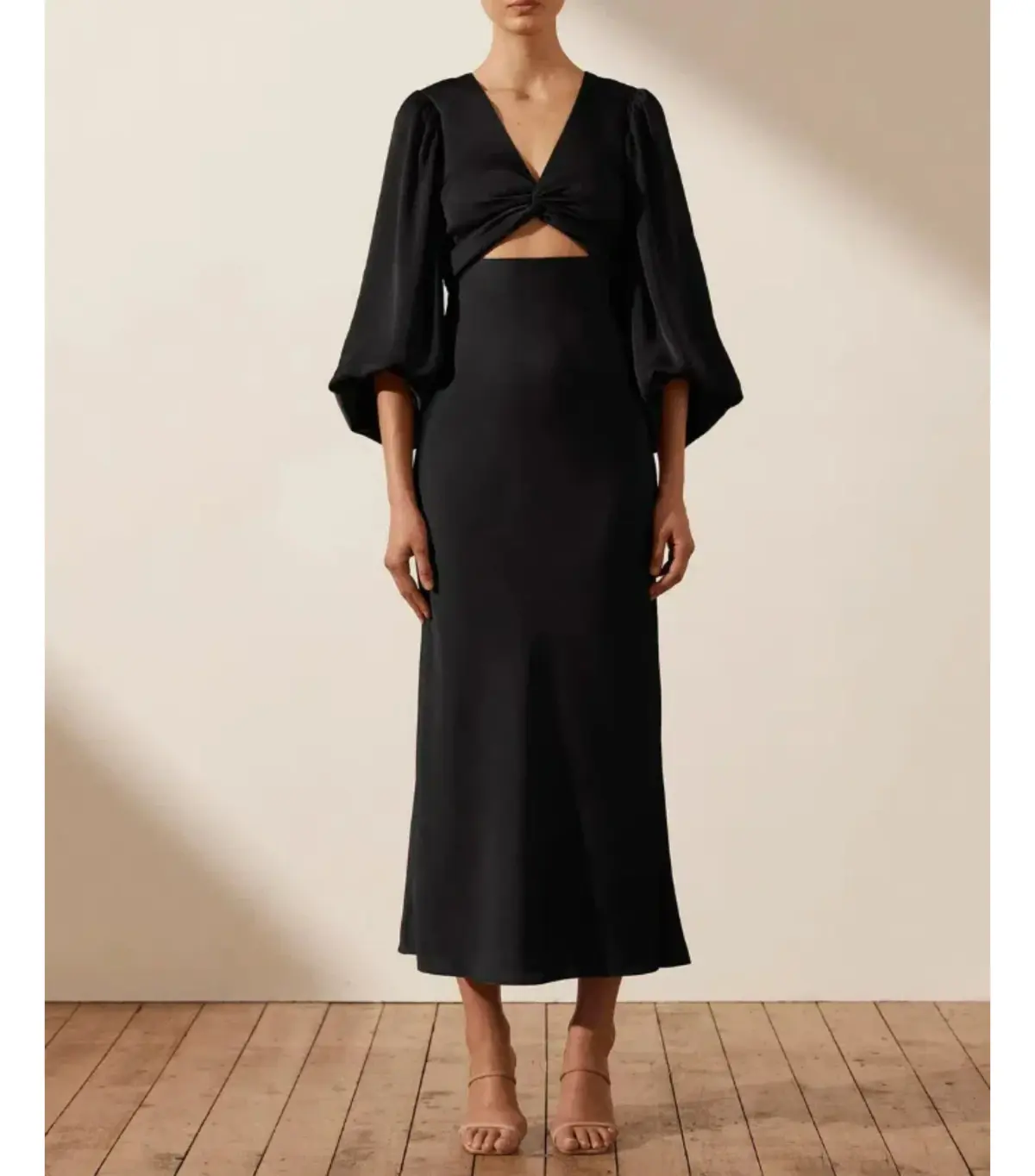 Shona Joy Luxe Twist Front Balloon Sleeve Midi Dress Black Onyx Size AU 18 - Image 1