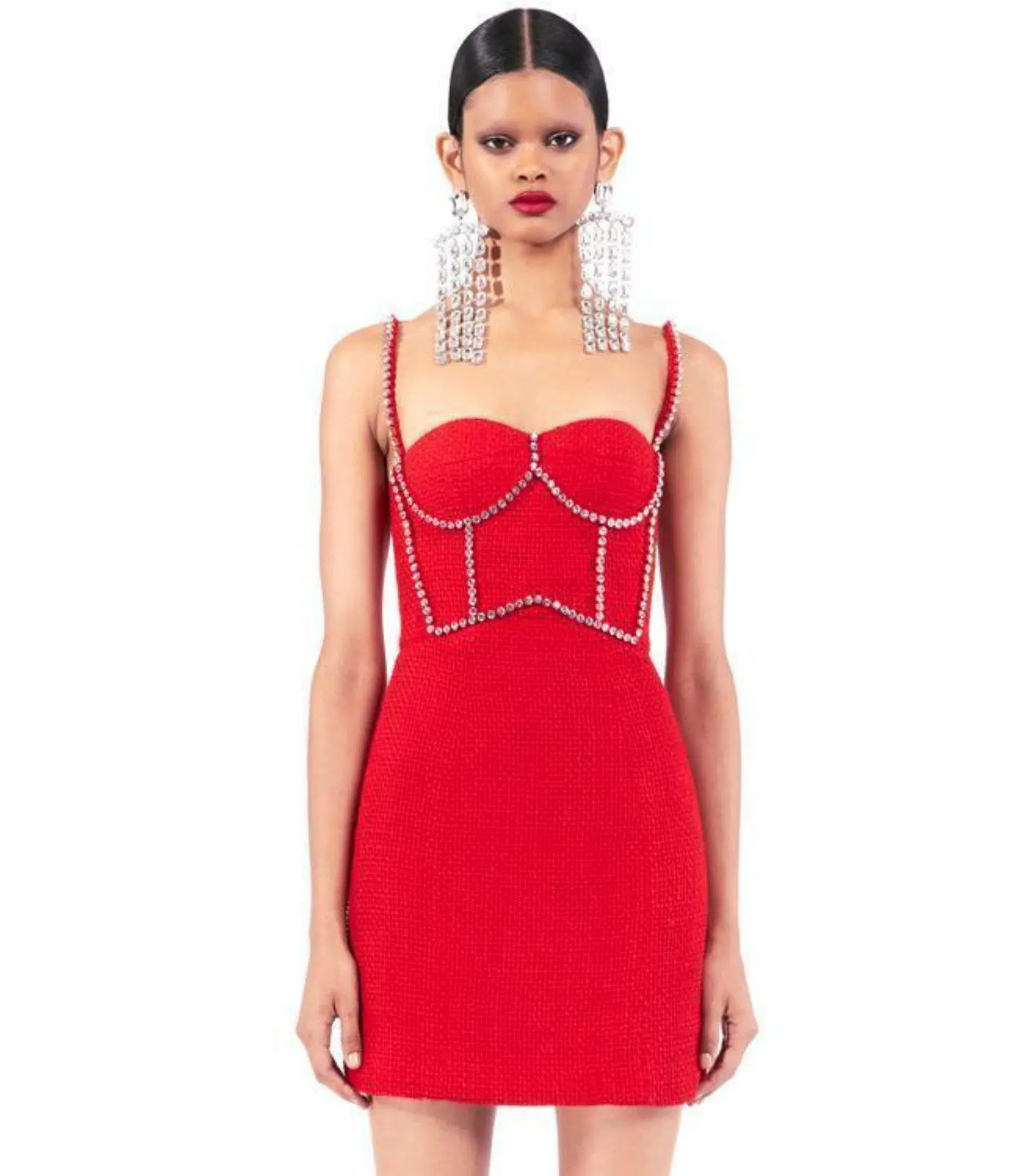 Area NYC Red Embellished Tweed Bustier Dress Red Size AU 6 - Image 2