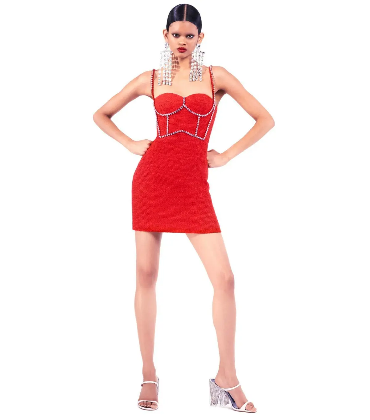 Area NYC Red Embellished Tweed Bustier Dress Red Size AU 6 - Image 1