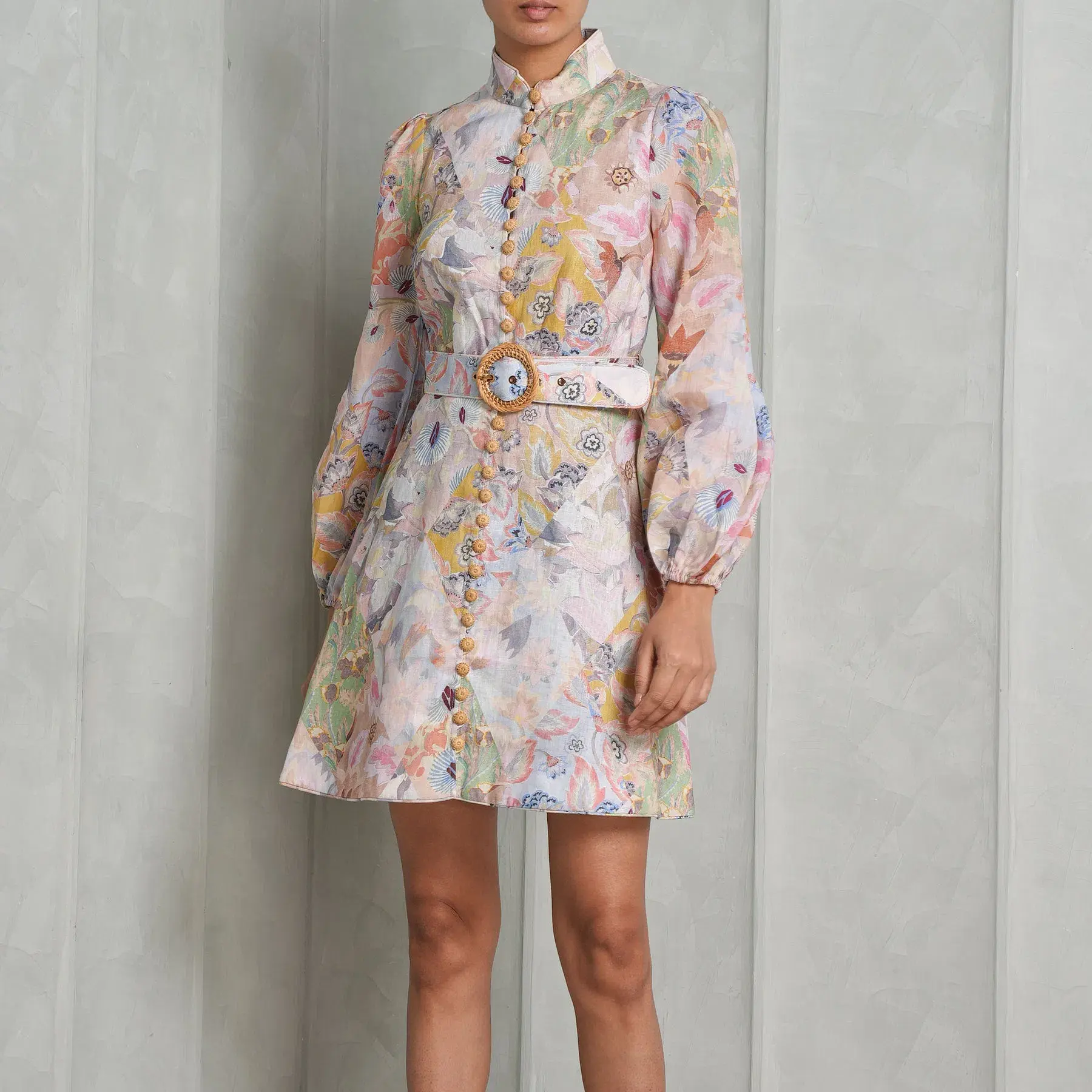 Zimmermann Illustration Belted Mini Dress Multi Floral Diamond Size 3 / AU 14 - Image 3