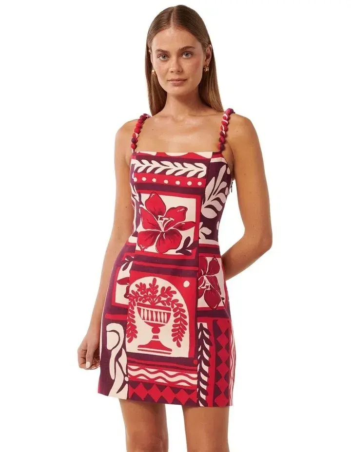 Forever New Sasha Strappy Printed Linen Mini Dress Athena Tile Size 10 - Image 2