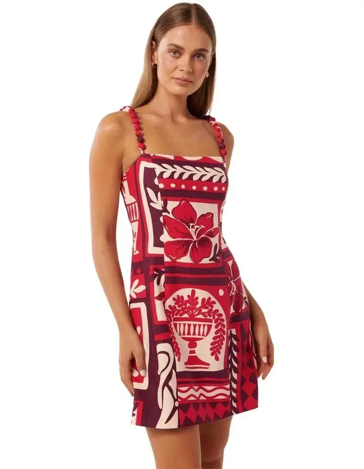 Forever New Sasha Strappy Printed Linen Mini Dress Athena Tile Size 10 - Image 4