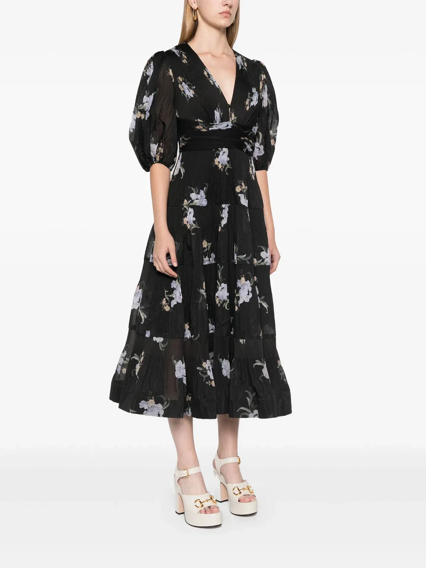 Zimmermann Pleated Midi Dress Black Iris Floral Size 3/ AU 14 - Image 1