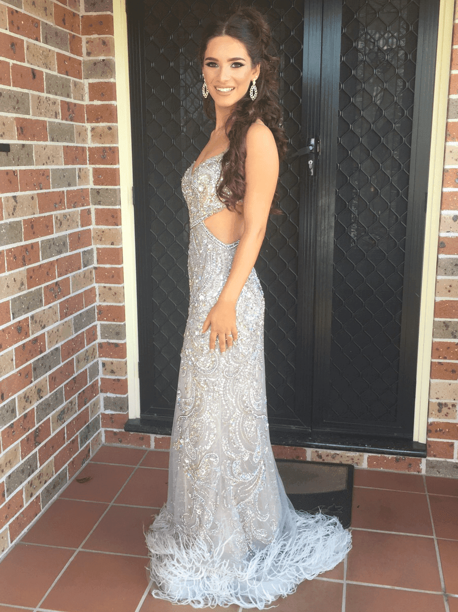 Terani Couture (feather dress) silver grey size 6 - Image 1