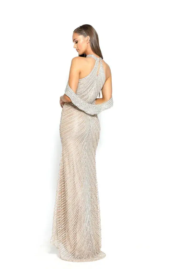 Portia and Scarlett Embellished Halter Gown Silver Nude Size 6 - Image 2