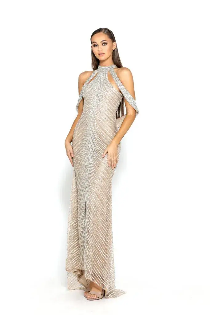Portia and Scarlett Embellished Halter Gown Silver Nude Size 6 - Image 1