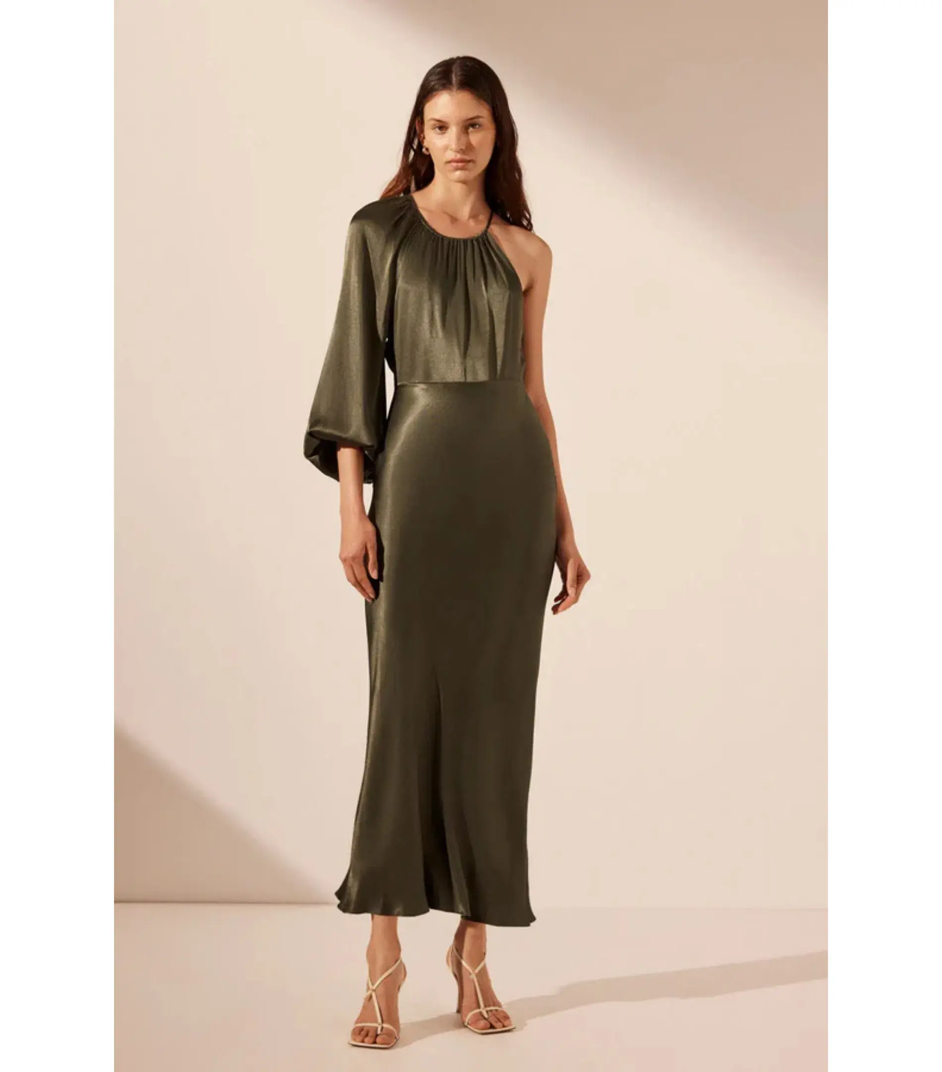 Shona Joy La Lune One Shoulder Balloon Sleeve Midi Dress in Forest Size AU 10 - Image 1