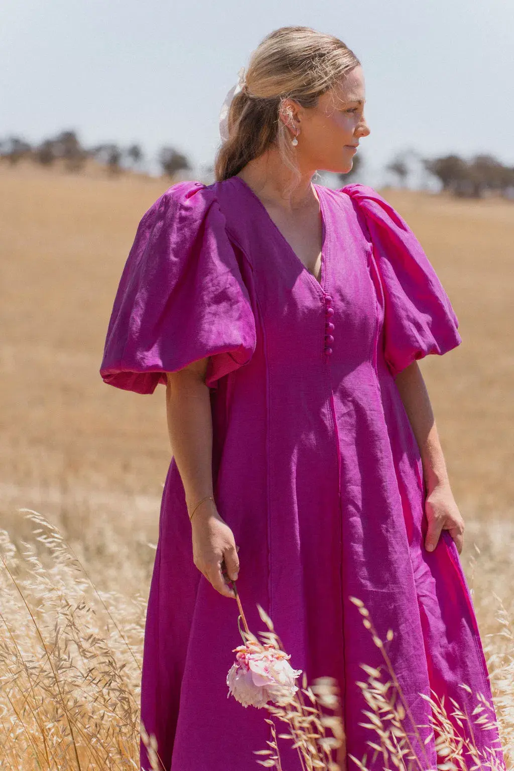 Aje Dusk Puff Sleeve Midi Dress Deep Magenta Size AU 16 - Image 3