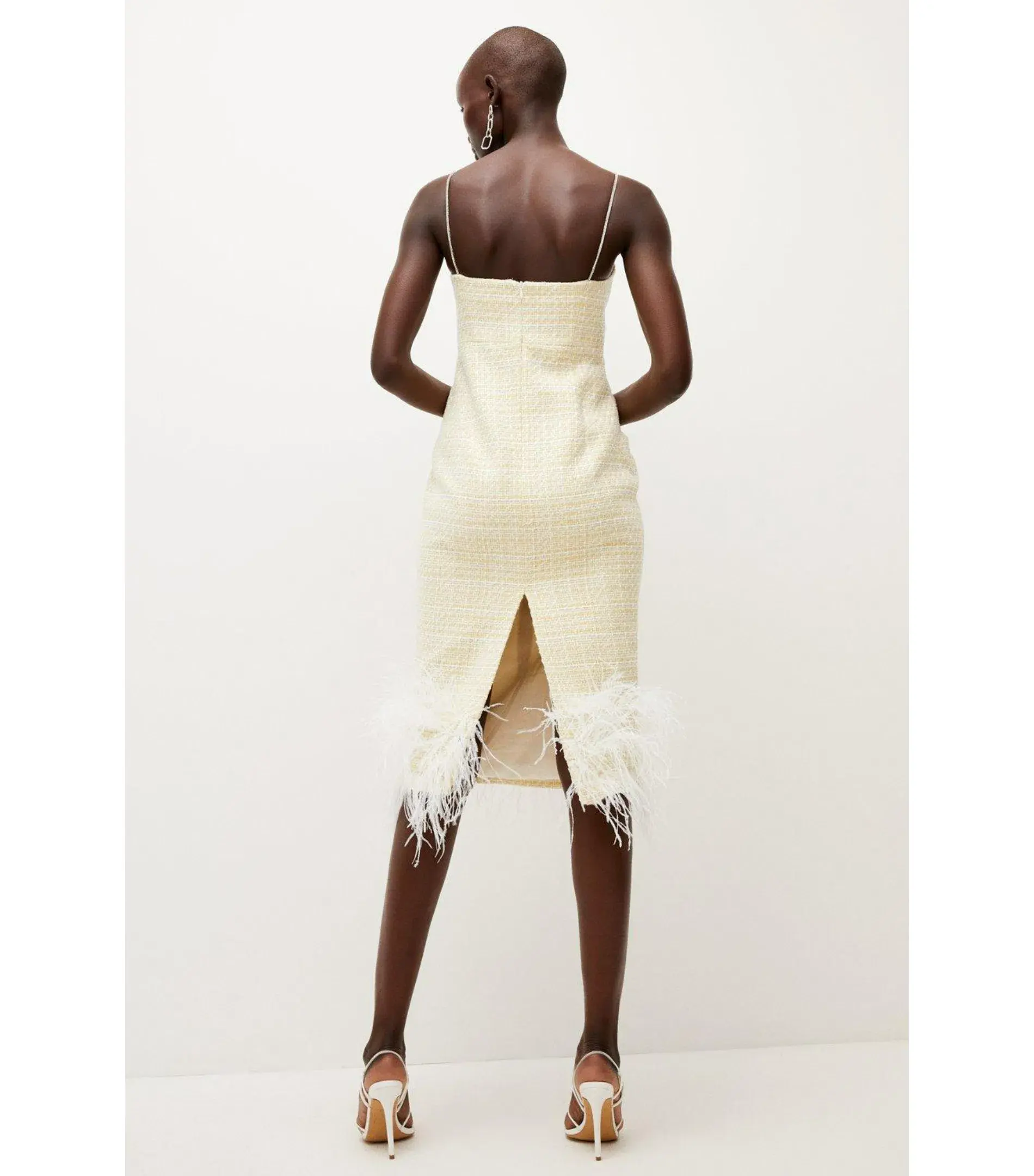 Karen Millen Tweed Chain Strap Feather Hem Midi Dress Yellow Size AU 10 - Image 3