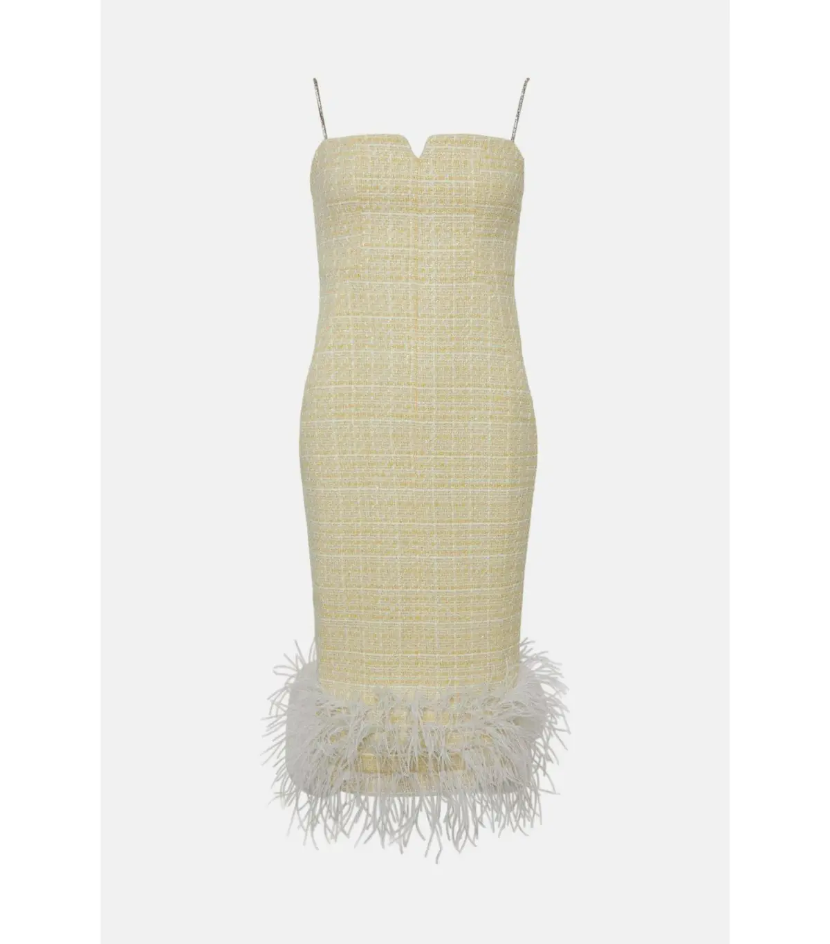 Karen Millen Tweed Chain Strap Feather Hem Midi Dress Yellow Size AU 10 - Image 4