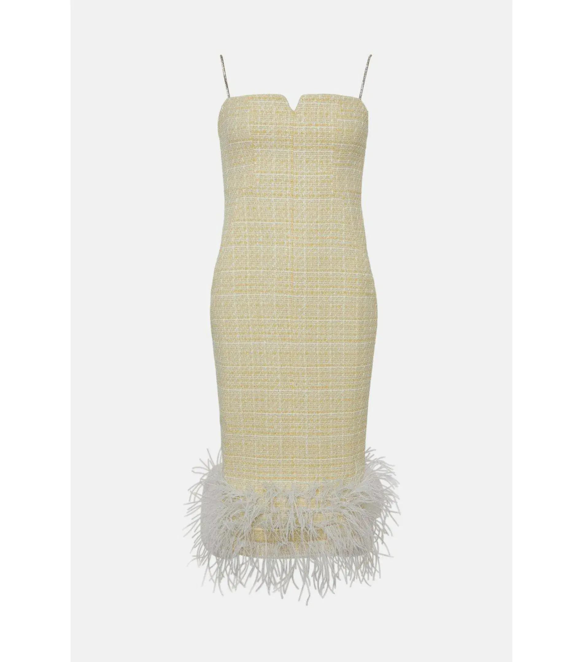 Karen Millen Tweed Chain Strap Feather Hem Midi Dress Yellow Size AU 10 - Image 4