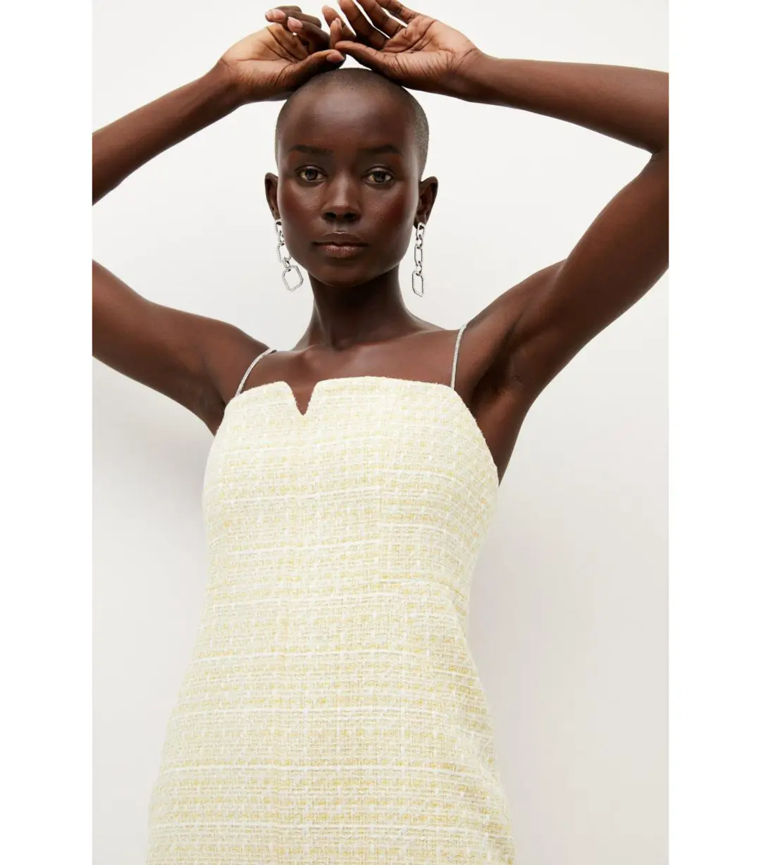 Karen Millen Tweed Chain Strap Feather Hem Midi Dress Yellow Size AU 10 for rent on The Volte - main image