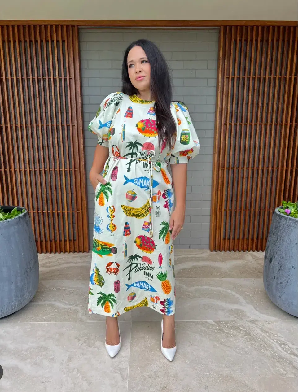 Alémais Samaki Puff Sleeve Midi Dress Print Size AU 12   - Image 1