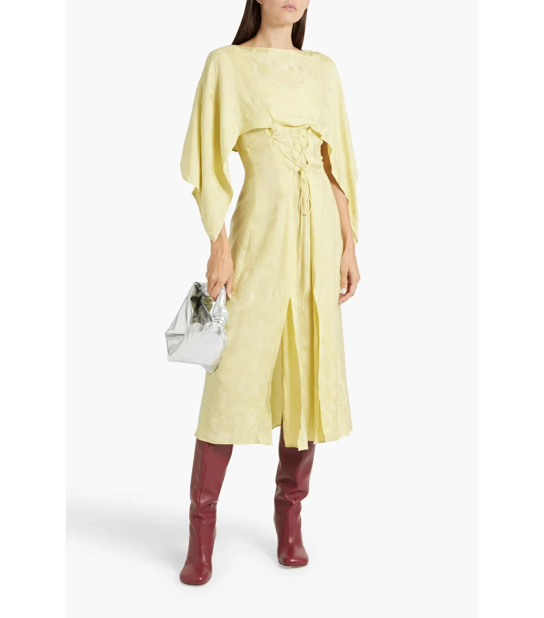 Acne Studios Cape-effect Cupro-blend Jacquard Midi Dress Yellow Size AU 6 - Image 1