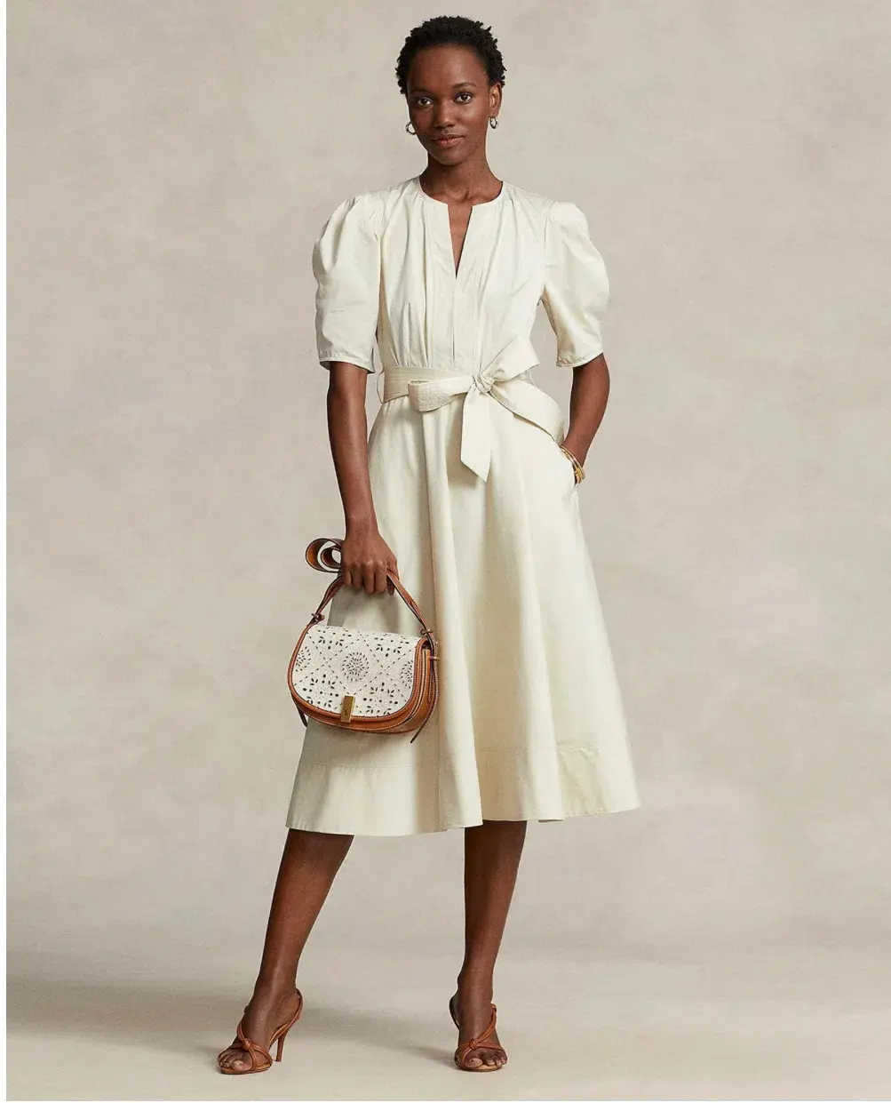 Polo Ralph Lauren Handkerchief Cotton Puffed Sleeve Dress Beige Size 6 - Image 1