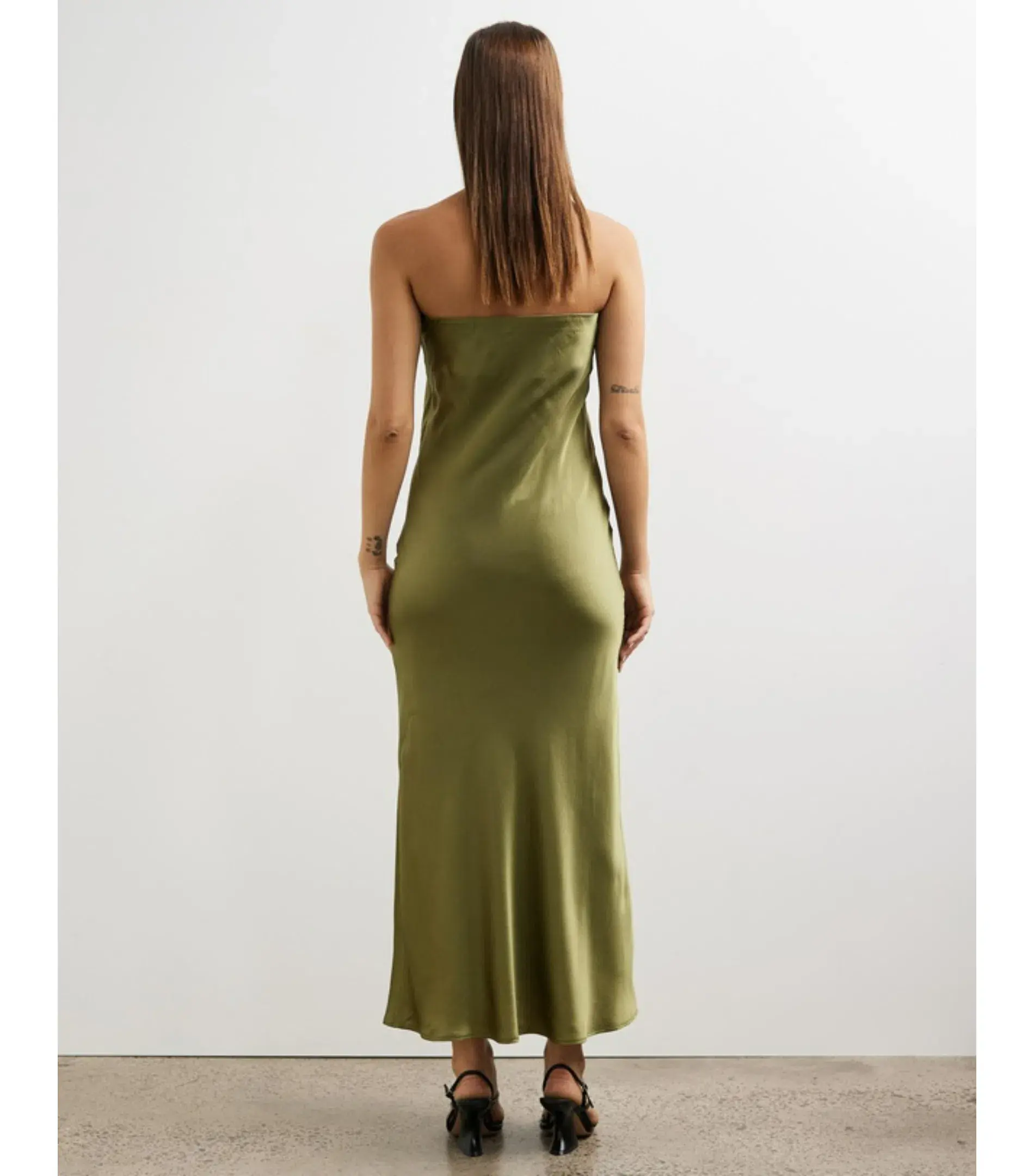 Minima Esenciales Koha Organic Silk Satin Column Dress Olive Branch Size AU 8 - Image 3