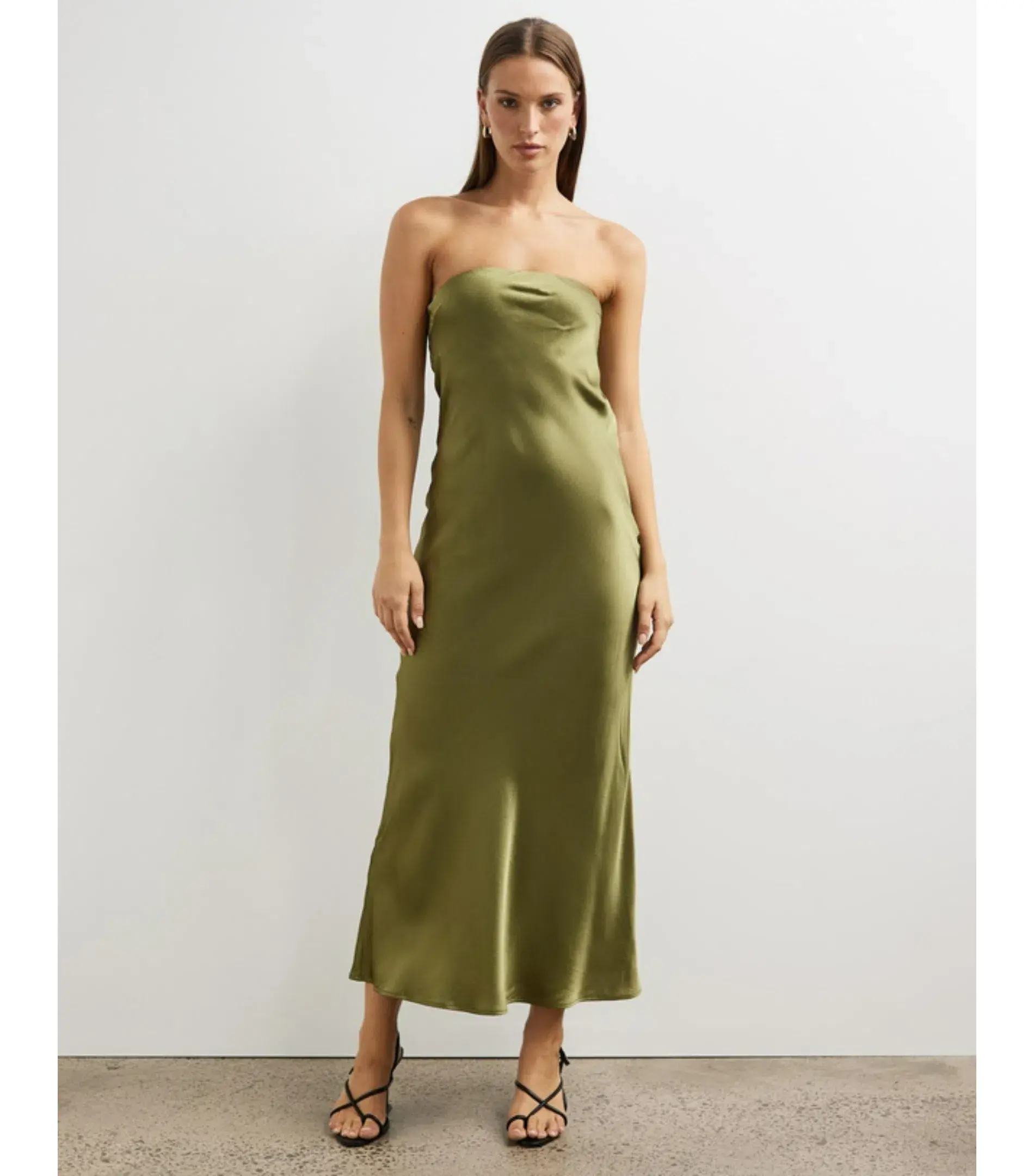 Minima Esenciales Koha Organic Silk Satin Column Dress Olive Branch Size AU 8 - Image 1