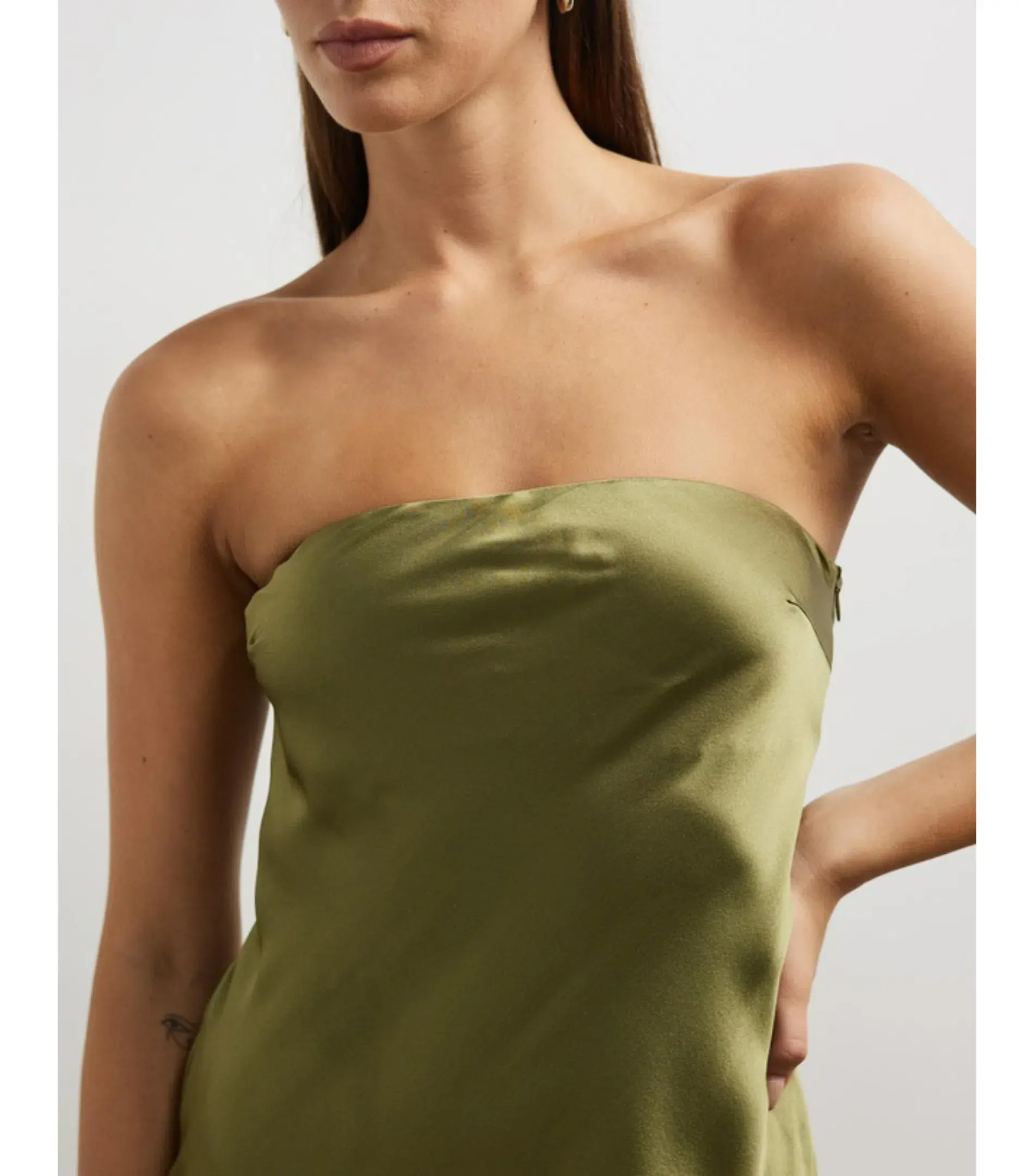 Minima Esenciales Koha Organic Silk Satin Column Dress Olive Branch Size AU 8 - Image 2