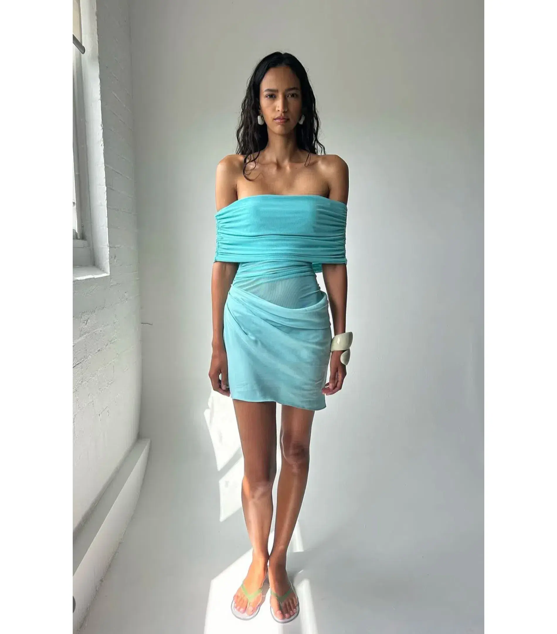 Benni Nico Off Shoulder Mini Dress In Aquamarine Size AU 8 - Image 6