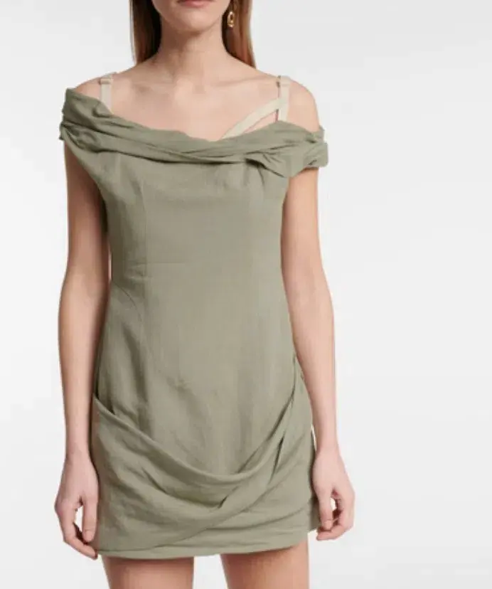 JACQUEMUS Foglio Off-the-shoulder Gathered Linen-blend Mini Dress In Green - size 38 - Image 3