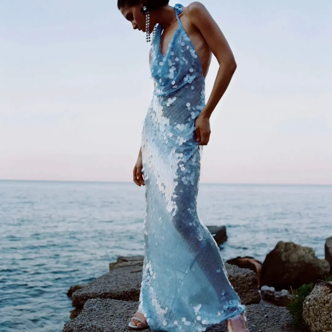 Rat & Boa Anais Maxi Dress Gown In Blue Sequin Size XS / Au 6 for rent on The Volte - main image