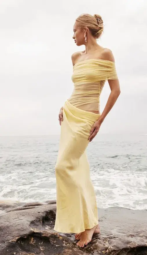 Benni Nico Off Shoulder Maxi Dress Butter Size 6 for rent on The Volte - main image