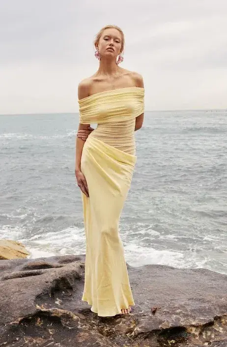 Benni Nico Off Shoulder Maxi Dress Butter Size 6 for rent on The Volte - main image