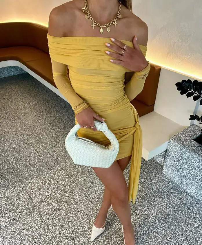 Benni Yasmin Off the Shoulder Mini Dress Mustard Size 8 - Image 2