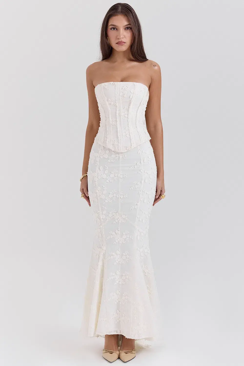 House of CB Dakota Embroidered Strapless Corset and Veronica Embroidered Godet Maxi Skirt Set Vintage Ivory Size M / AU 10 - Image 2