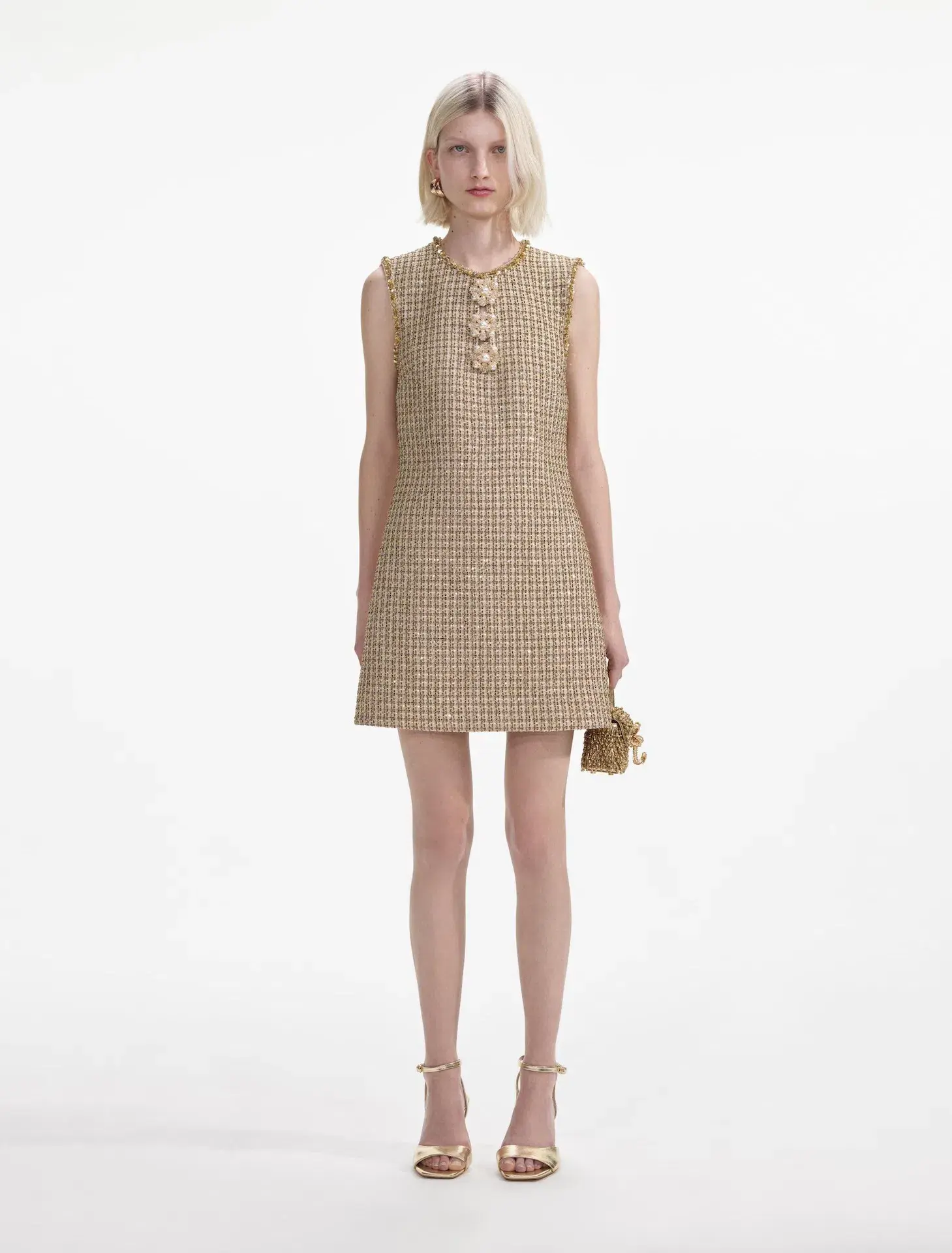 Self-Portrait Boucle Embellished Mini Dress Gold Size AU 10 - Image 1