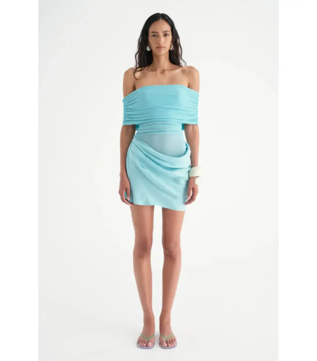 Benni Nico Off-Shoulder Mini Dress Aquamarine Size AU 8 for rent on The Volte - main image