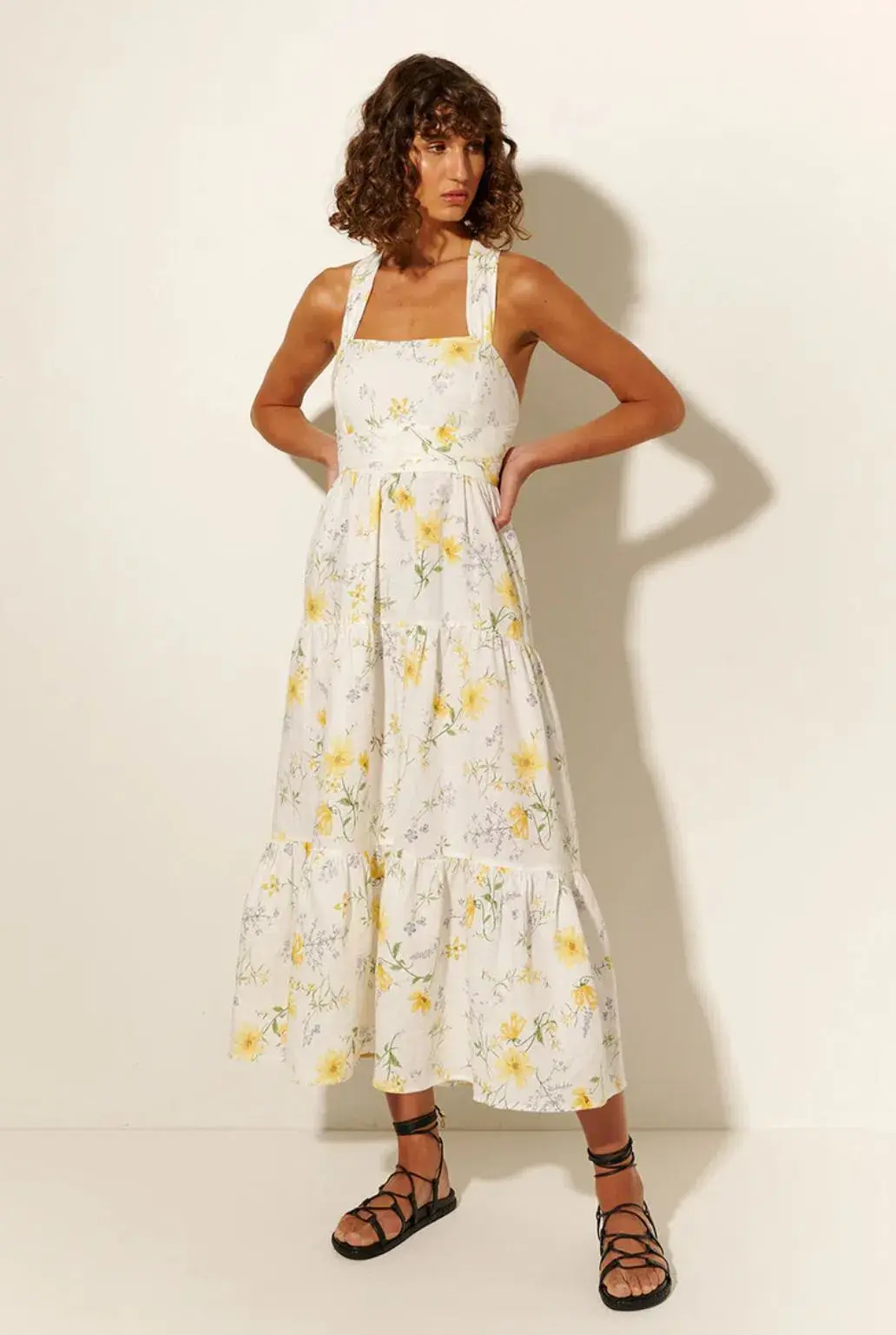 Kivari Adaline Wide Strap Linen Midi Dress Floral Size 10 - Image 1