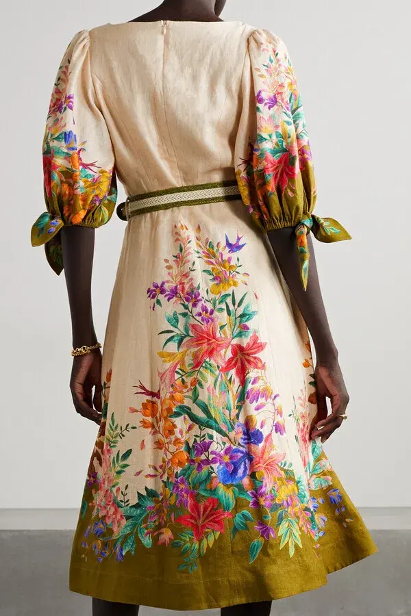 Zimmermann Tropicana Belted Linen Midi Dress in Cream Floral Print Size 3 / AU 14  - Image 3