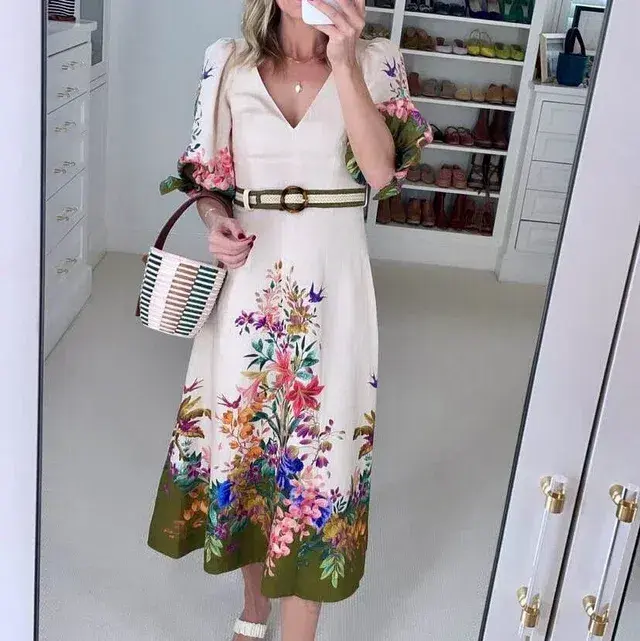 Zimmermann Tropicana Belted Linen Midi Dress in Cream Floral Print Size 3 / AU 14  - Image 5
