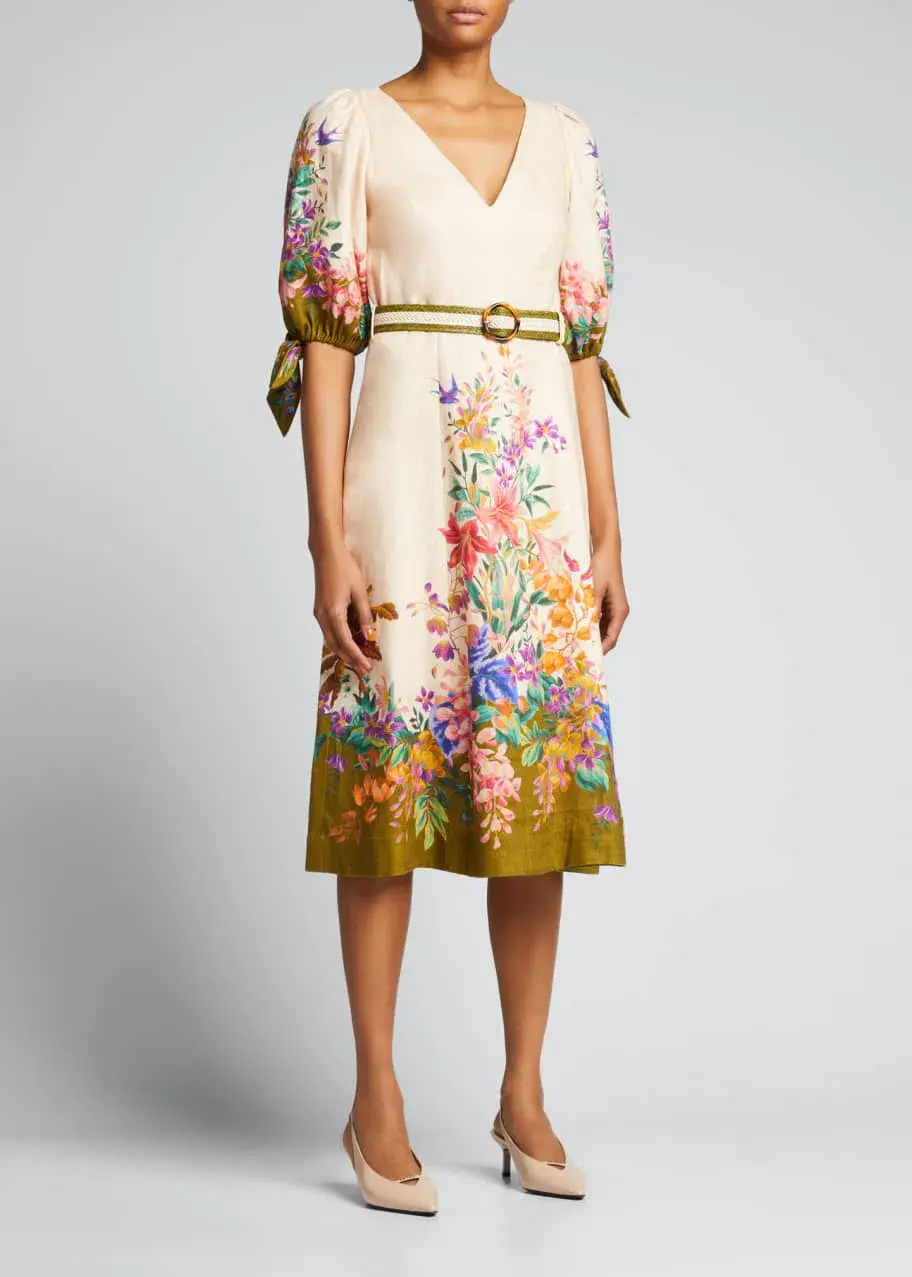 Zimmermann Tropicana Belted Linen Midi Dress in Cream Floral Print Size 3 / AU 14  - Image 2