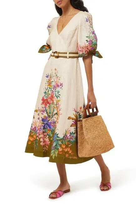 Zimmermann Tropicana Belted Linen Midi Dress in Cream Floral Print Size 3 / AU 14  - Image 4