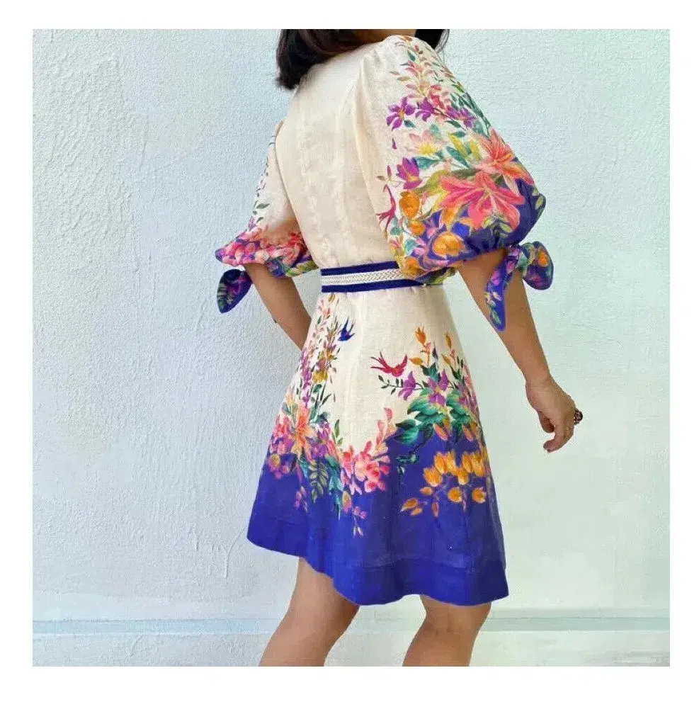 Zimmermann Tropicana Tie Sleeve Mini Dress Blue Floral Print Size 3 / AU 14 for rent on The Volte - main image