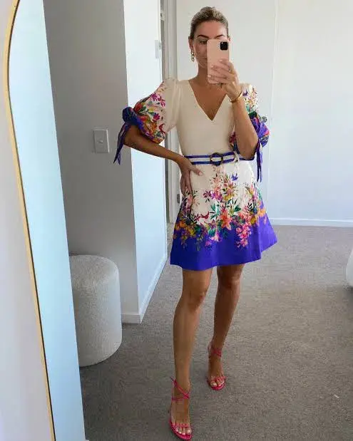 Zimmermann Tropicana Tie Sleeve Mini Dress Blue Floral Print Size 3 / AU 14 for rent on The Volte - main image