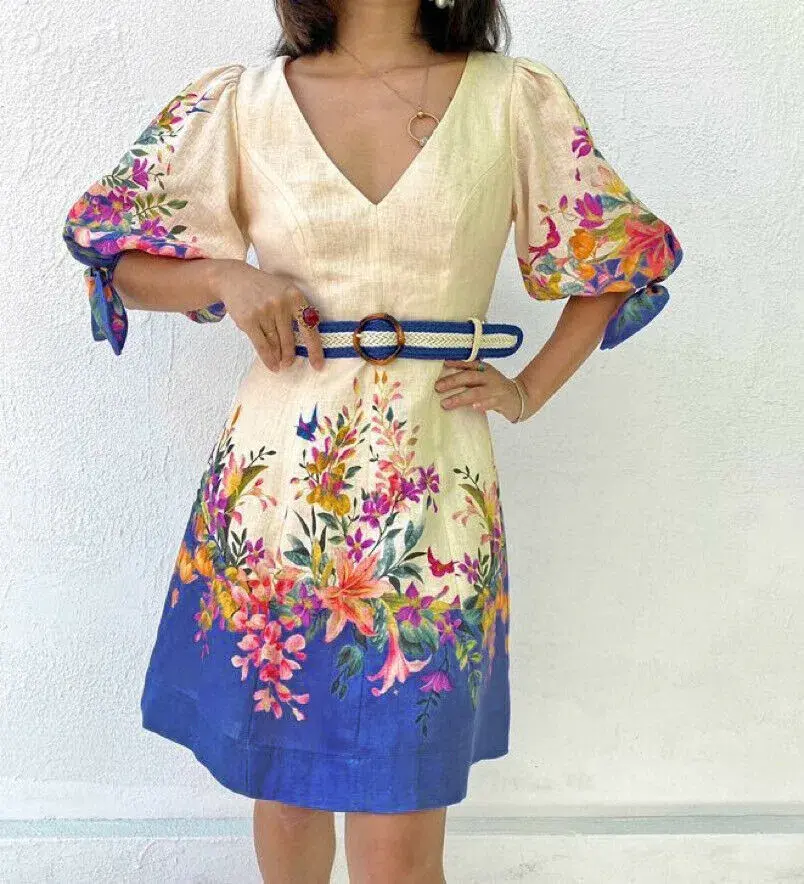 Zimmermann Tropicana Tie Sleeve Mini Dress Blue Floral Print Size 3 / AU 14 - Image 1